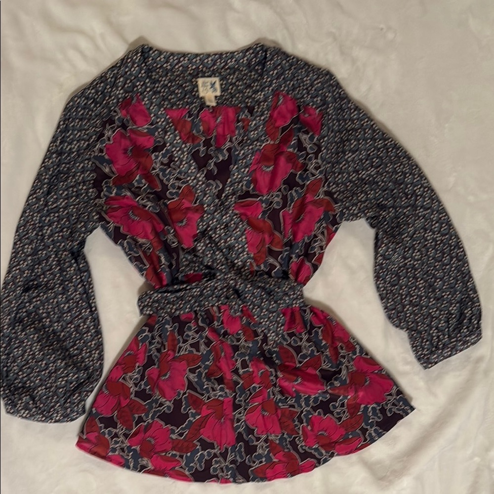 Red and Purple Fitted Wrap Blouse with 3/4 Sleeves